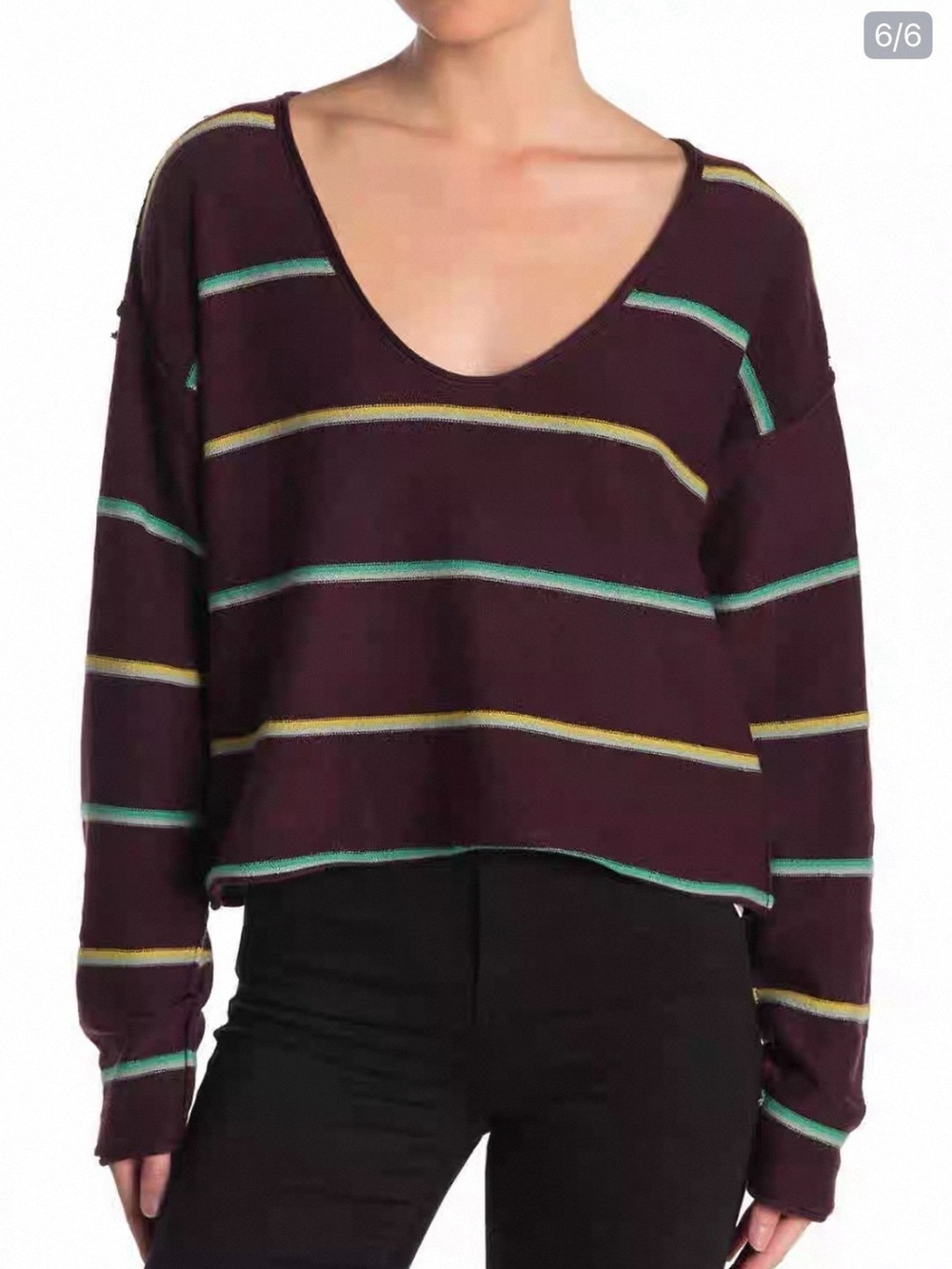 Free People Striped V-Neck Cropped Sweater - Burgundy with Mint & Yellow Stripes